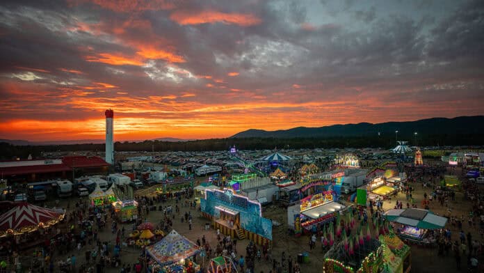 Aerial photo shows Labor Day Festival Grounds at sunset.