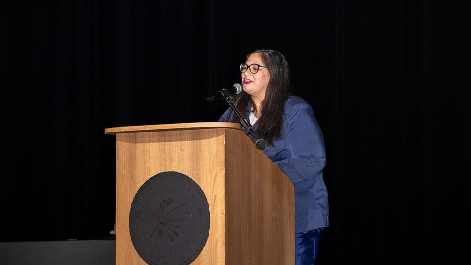 Executive Director of the Chahta Foundation, Angela Palmer, addresses the crowd at the Chahta Foundation Award Ceremony.