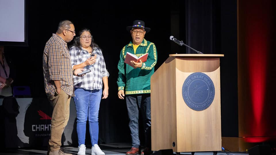 The Scott family sings Choctaw Hymns at the opening of the August 16 Chahta Foundation’s awards banquet at the Cultural Center in Durant, Oklahoma.