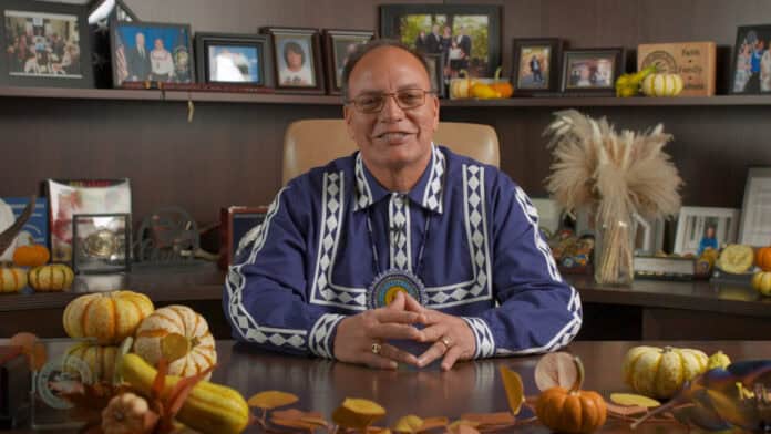 Cheif Batton sitting behind his desk speaking about how Choctaw people are thankful everyday.