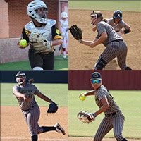 A collage of four softball players.