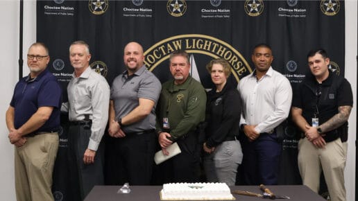 Picture left to right: Captain Brant Henry, Lighthorse Chief of Police Michael Woodruff, Investigator Matthew Barreras, Lieutenant Tony Krebbs, Investigator Lawayna Cathey, Investigator Erik Sevenstar, Investigator Larry Humphreys, Investigator Anthony Garvin