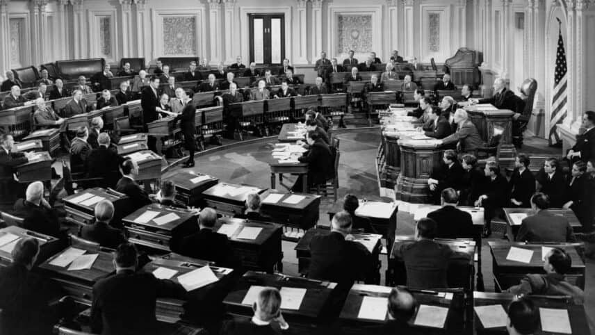 Black & White photo of Choctaw Congressional hearing in session.