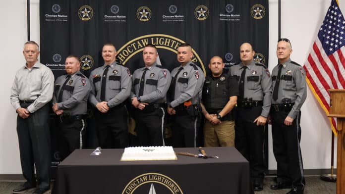 Picture left to right: Lighthorse Chief of Police Michael Woodruff, Patrolman Robert Provence, Sargant Jeff Bryant, Patrolman Shelby Milam, Patrolman Brad Jennings, Patrolman Julio Devora, Lieutenant Larry Wright, Captain Vincent Stanley